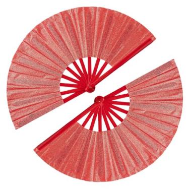 Imagem de Tkocisa Pacote com 2 ventiladores grandes dobráveis para festas, festivais com glitter, leque de mão dobrável para shows, festas, festivais, Halloween ou decorações de casa (vermelho)