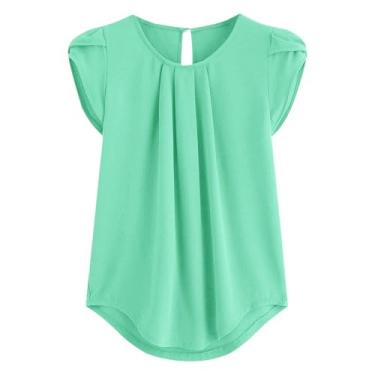 Imagem de Generic Camisetas femininas de manga curta pétala verão outono gola redonda chiffon recorte franzido camiseta feminina 2024, L-571 verde-limão, P