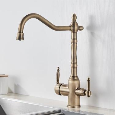 Imagem de Torneira de cozinha com filtro de latão antigo, torneira de cozinha com água potável pura, montada no deck, alças duplas, misturador de água quente e fria de 3 vias, latão antigo