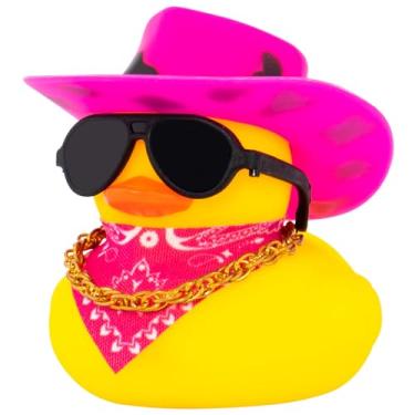 Imagem de wonuu Decoração de painel de carro chapéu de cowboy pato de borracha, ornamentos de patos de carro com mini chapéu colar óculos de sol (rosa preto)