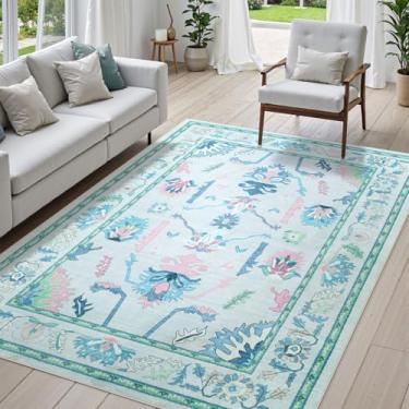 Imagem de Uphome Tapetes laváveis à máquina, tapete 12 x 18 cm, tapetes boho azul-petróleo para quarto de meninas, tapete moderno macio antiderrapante para berçário, tapete floral tradicional turco para sala de