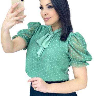 Imagem de Blusa Social Feminina Manga Princesa Tule Poa Com Gola Laço - Look Mod