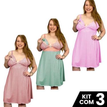 Imagem de Kit 3 Camisolas Amamentação Plus Size Pós Parto Maternidade Tamanho Gr