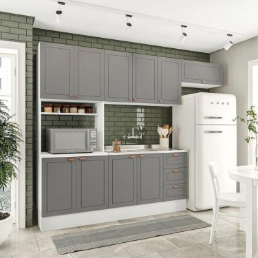 Imagem de Cozinha Pérola com Rodapé 4 Peças Paneleiro/torre Quente Aéreo 3 Portas Balcão 120 e Basculante Yesc Branco/Cinza