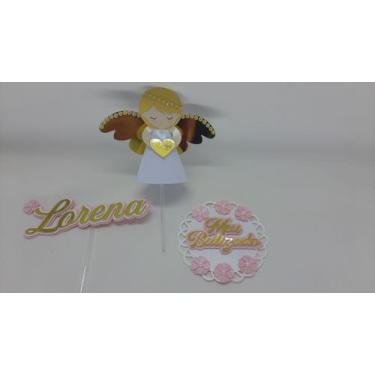 Imagem de Topo de Bolo Meu Batizado Anjinha 3d  Rosa com Dourado personalizado -