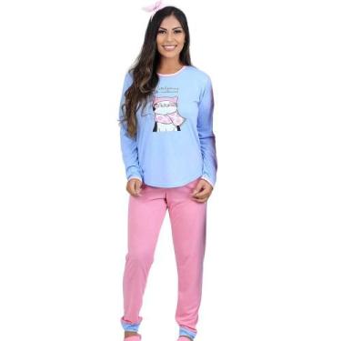 Imagem de Pijama Longo Gatinho Cia do Corpo 4678 Poliéster, Rosa, GG