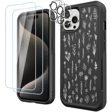 Imagem de LOQUPE [Capa 5 em 1 para iPhone 15 Pro, com 2 protetores de tela + 2 protetores de lente de câmera, capa protetora resistente e resistente e leve à prova de choque para mulheres, linda flor branca