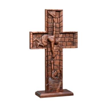 Imagem de Ioensy Crucifixo de madeira Jesus com base Lembrança católica para quarto Cruz de parede leve tradicional Decoração de mesa, 35x20.5x2.5cm