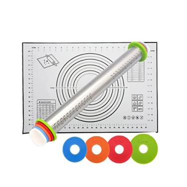 Imagem de NASNAIOLL Rolo de massa de aço inoxidável com anéis de espessura ajustável para pizza, torta, pastelaria, macarrão e massa