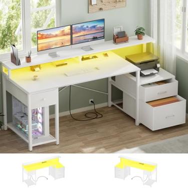 Imagem de Aheaplus Mesa de computador com 3 gavetas, mesa de escritório em casa com gaveta de arquivos e tomada, mesa de jogos de 149 cm com luzes LED, mesa de trabalho longa com prateleiras de armazenamento,
