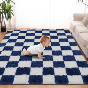 Imagem de Tapete de área azul e branco super macio de 1,8 x 2,7 m - Tapete clássico quadriculado felpudo antiderrapante para sala de estar, quarto, quarto infantil, berçário, dormitório