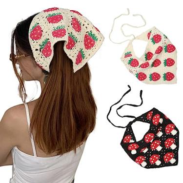 Imagem de AWAYTR Cachecol de cabelo bandana de crochê, lenço de cabeça, 2 peças de lenços de malha com laço floral Bcak para mulheres e meninas, Cogumelos pretos + morangos brancos, 1 Count (Pack of 2)