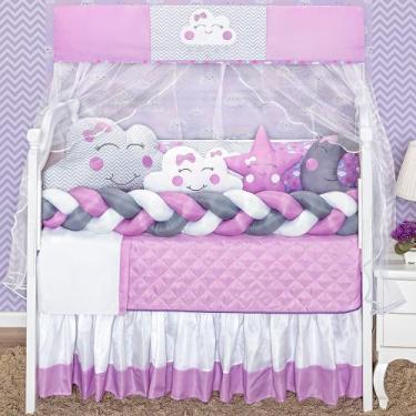 Imagem de Kit enxoval de berço 12 peças nuvem estampada com trança e lateral  - 