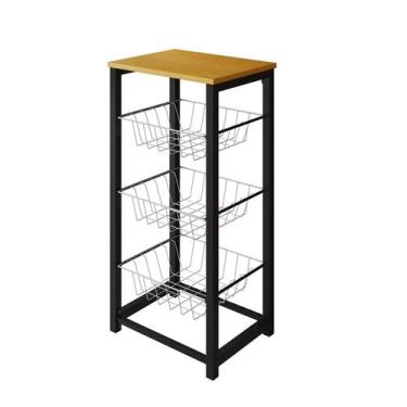 Imagem de Fruteira de Chão Cozinha Desmontada Aço Preto Cesto Branco Tampo Canel