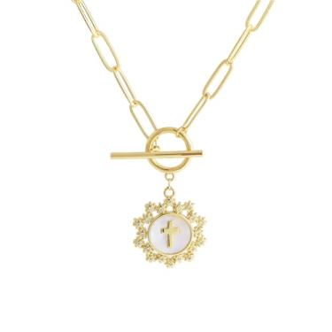 Imagem de KNOWTODAY Colares de cruz para mulheres, banhado a ouro 14 k, corrente de clipe de papel, pingente de cruz de zircônia cúbica, pingente de cruz fritillaria, lua, crucifixo, cruz, colar, presente, joia