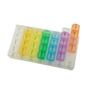 Imagem de ECOVONA Organizador semanal de comprimidos pop-up 4 vezes ao dia — Estojo grande para comprimidos de viagem com 28 compartimentos para guardar medicamentos, vitaminas e suplementos