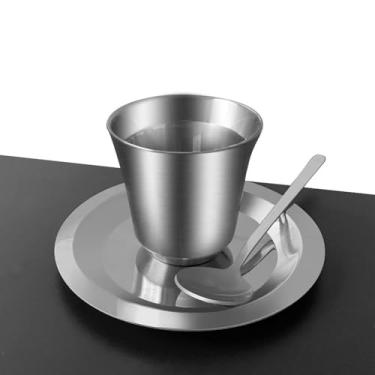Imagem de Conjunto de Canecas de café, Conjunto de Xícaras e Pires de Aço Inoxidável 304, Xícaras Com Pires, Colheres, café Expresso, chá, Leite e café Turco, Prata, 3 Peças