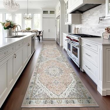 Imagem de Madane Tapete Boho Runner 2 x 8, tapetes laváveis para corredores, tapete de cozinha macio antiderrapante de pilha baixa corredor tapete de lavanderia, tapete de entrada vintage para entrada de sala de estar (Rosa/cinza, 2 x 8)