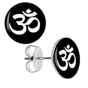 Imagem de DianaL Boutique Brincos de aço inoxidável 316L com símbolo Om Ohm Aum dois tons com uma caixa de presente, joias modernas, Metal