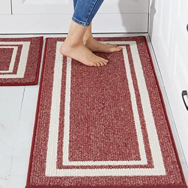 Imagem de COSY HOMEER Tapete de cozinha [2 peças] Tapetes de cozinha espessos antiderrapantes 50,8 cm x 76,2 cm + 50,8 cm x 122 cm Tapete de cozinha ergonômico confortável para cozinha, piso, moldura vermelha