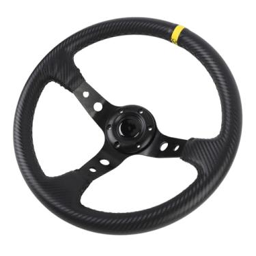 Imagem de Volante de Corrida de Carro de 14 Polegadas Em Pvc para Adaptador de Cubo de 6 Buracos Alumínio Universal Visual de Fibra de Carbono Volante Esportivo Com Botão de Buzina (Amarelo)