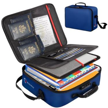Imagem de ROLOWAY Bolsa de documentos à prova de fogo com trava (43 x 30 x 12,7 cm), bolsa de armazenamento de documentos importante com organizadores de arquivos multicamadas (azul)