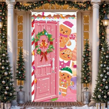 Imagem de Capa de porta de Natal rosa decoração de faixa de porta de gengibre homem de gengibre guirlanda de Natal capa de porta da frente bengala doce de hortelã-pimenta para Natal, Ano Novo, feriado, doces,