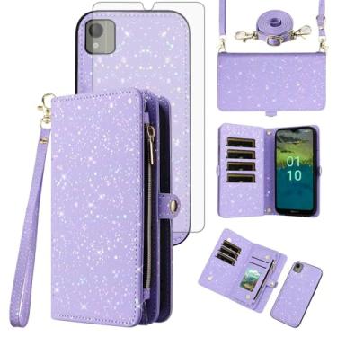 Imagem de Asuwish Capa de celular para Nokia C110 Carteira magnética destacável com protetor de tela de vidro temperado e compartimento para cartão com glitter, suporte, flip, acessórios para celular C 110 4G