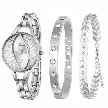 Imagem de Weicam Relógio de pulso feminino com diamante, conjunto de joias, analógico, quartzo, relógio de pulso para mulheres, Prata, Movimento de quartzo