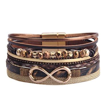 Imagem de AZORA Pulseira feminina de couro barroco pérola envolvente pulseiras lindas pulseiras de ouro feitas à mão, joias boêmias, presente para mulheres, 7.8 inches, Couro, Zircônia cúbica