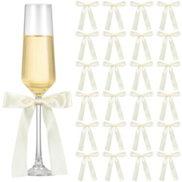 Imagem de Jingmore Pacote com 24 taças de vinho de casamento, pingentes de laço de cetim, marfim, branco, champanhe, taça de champanhe, laço personalizado, etiquetas de nome para bebidas, taças de vinho,