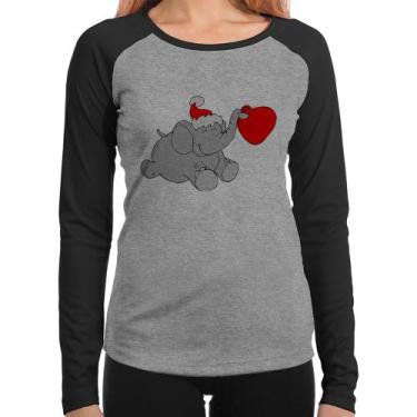 Imagem de Baby Look Raglan Elefante Noel Manga Longa - Foca na Moda, Cinza, Pret
