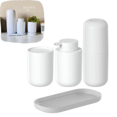 Imagem de Kit Banheiro Porta Sabonete Liquido Escova De Dente Algodão Cotonete Bandeja (Branco)