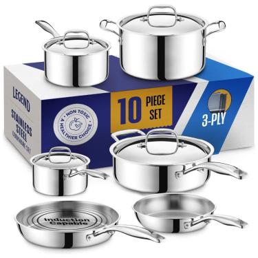 Imagem de Jogo de Panelas e Frigideiras em Aço Inoxidável com 10 Peças e Utensílios de Cozinha, LEGEND COOKWARE, Prata