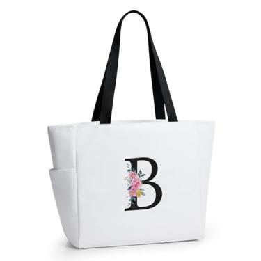 Imagem de KALIDI Sacola de praia personalizada, bolsa de compras com zíper inicial do alfabeto para mãe, professora, amiga, casamento, compras diárias, Bege-b, Large