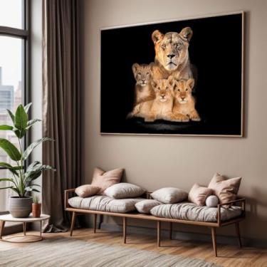 Imagem de Quadro com Moldura Sala Quarto 90x60 Leoa com 3 Filhotes Decorativo Horizontal Grande Hall