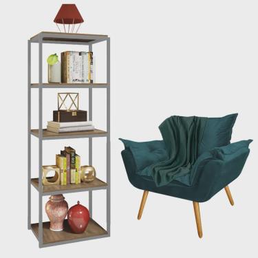 Imagem de Kit Poltrona Fatte com Manta Soft Verde e Estante Livreiro Ferro Cinza mdf Imbuia Suede Azul Turquesa - Ahazzo Móveis
