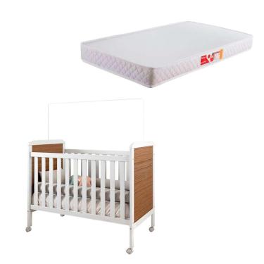 Imagem de Berço Minicama Cloe Branco e Carvalho com Colchão Infantil Baby Liso D18 (10x70x130) Branco
