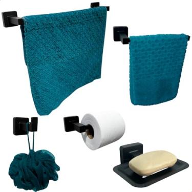 Imagem de Dona D Cor, Kit Acessorios Banheiro Preto Fosco Metal Inox Toalheiro Reto Porta Toalha 40cm Saboneteira Papeleira Cabide Gancho Suporte Parede 5 Peças Lavabo