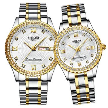 Imagem de Relógios para casais de diamante de luxo para homens e mulheres, conjunto de relógio para ele e ela, marido, esposa, dia dos namorados, relógio de pulso combinando, presente de casamento, data, à prova d'água, quartzo, analógico, NIBOSI, Branco
