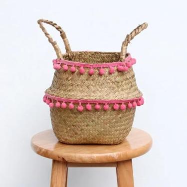 Imagem de PY3H69 Cesta de armazenamento de algas marinhas cesta de lavanderia de renda cesta de flores de vime natural organizador de brinquedos de palha preto e branco (vermelho, 32 x 28 cm)
