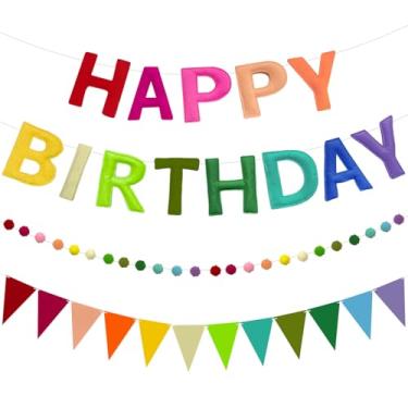Imagem de Faixa de feltro de feliz aniversário com guirlanda de bola de feltro bandeiras de galhardete