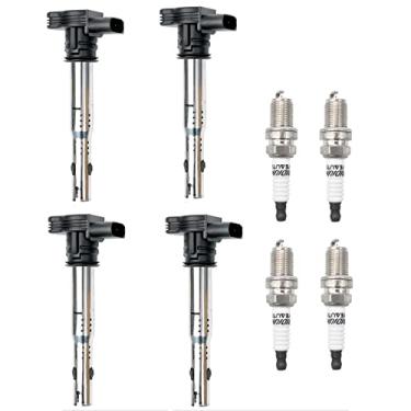 Imagem de OYEAUTO Conjunto de 4 velas de ignição de irídio com bobina de ignição UF529 compatível com Audi Volkswagen VW A3 A4 A5 R8 A6 A7 Q7 S4 TT Jetta MK5 MK6 GTI Rabbit Golf Passat CC Tiguan