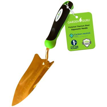 Imagem de Espátula para transplantador Garden Guru - Aço inoxidável revestido de titânio - Resistente à ferrugem - Aderência ergonômica - Ferramenta de pá manual perfeita para jardinagem, transplante e escavação em camas de jardim