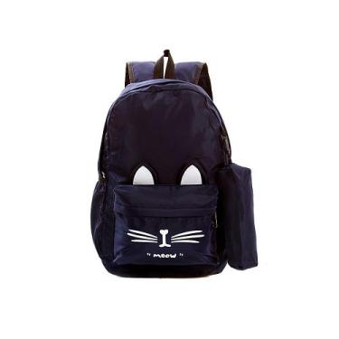 Imagem de Mochila Escolar Feminina Gatinha Azul Marinho Bolsa+Estojo - TOYS 2U