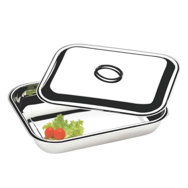 Imagem de Travessa de Inox com Tampa 1,5L Retangular Funda 24x19x6cm para Servir Assadeira Pequena