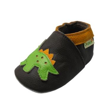 Imagem de SAYOYO Sapatos infantis de couro macio com sola de dinossauros para bebês e crianças, Marrom escuro - dinossauro, 0-6 meses