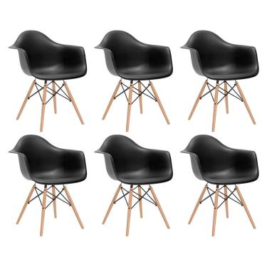 Imagem de Kit 6 Cadeiras Eames Eifflel Com Braço Daw De Madeira Com Assento Preto