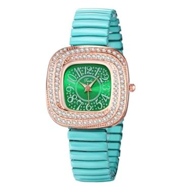 Imagem de JewelryWe Relógio elástico quadrado Iced-Out: Relógio de pulso feminino com pulseira elástica de quartzo analógico de fácil leitura, Verde, Relógio elástico de strass