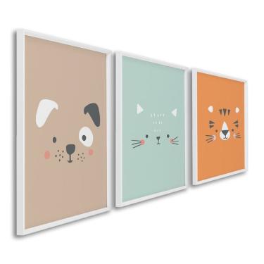 Imagem de Quadro Infantil Decorativo Rostinhos Do Bem Gato Cachorro Tigre Com 3 Telas Cm De Parede Para Quarto Branco